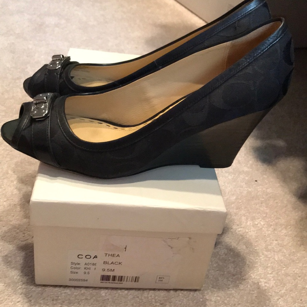 Coach black Thea peep toe wedge Size 9.5
